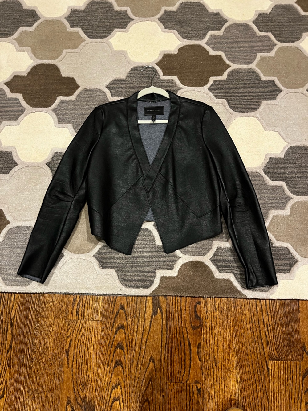 BCBGMaxAzria Black Faux Leather Cropped Open-Front Jacket (S)